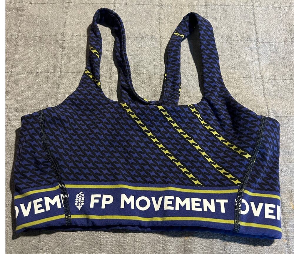 FP Movement Never Better Sports Bra XS Navy Yellow Logo Racerback Free People